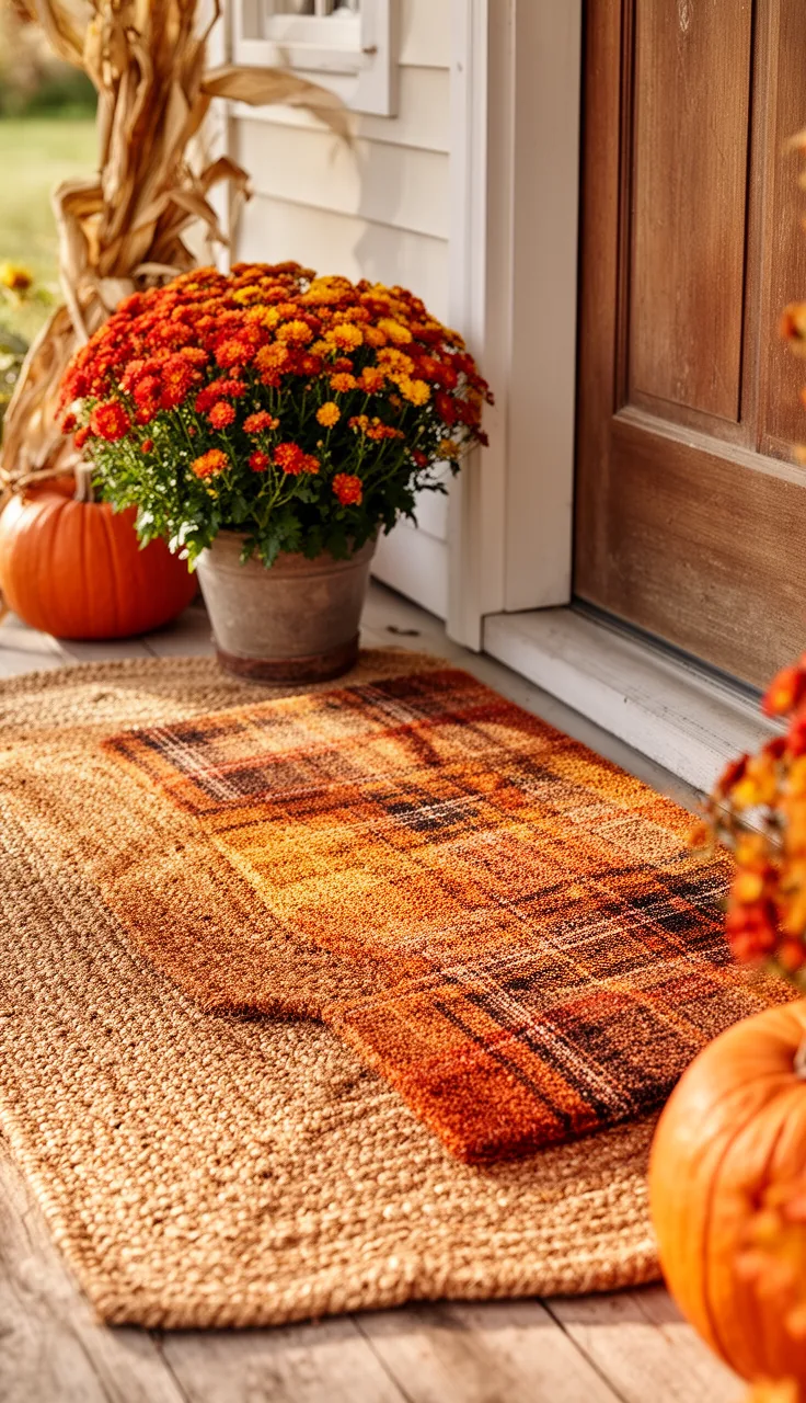 A warm fall welcome doormat at the door