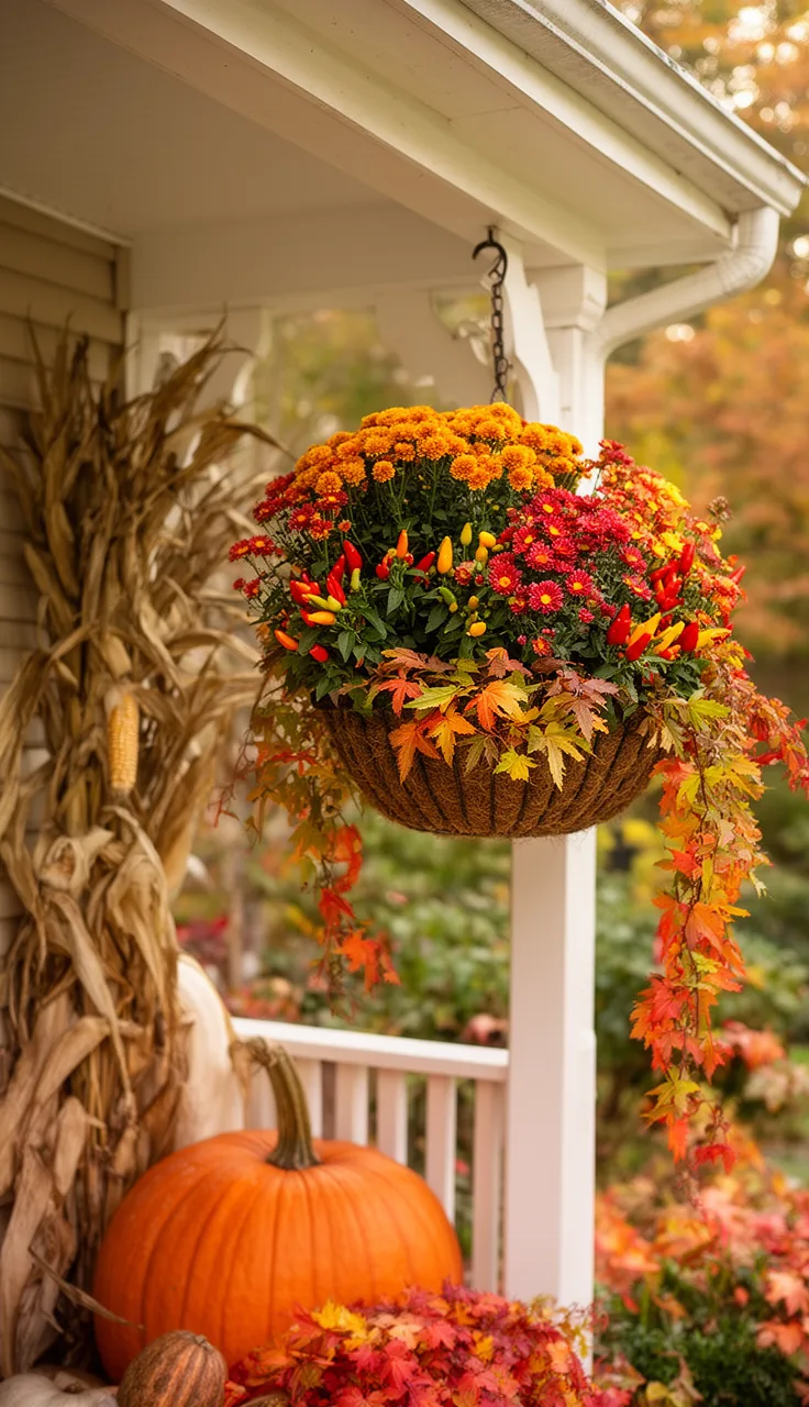 A hanging basket refreshed with fall plants