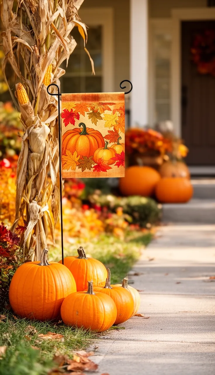 A fall garden flag staked by the walk