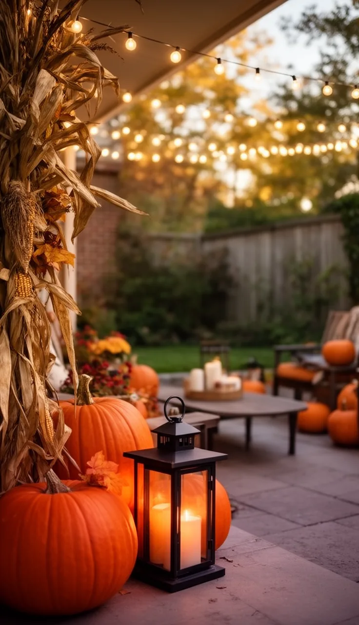 String lights glowing over a fall yard at dusk