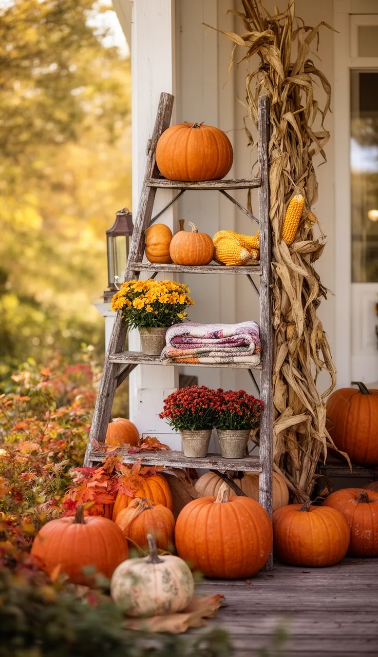 An old ladder styled with harvest finds