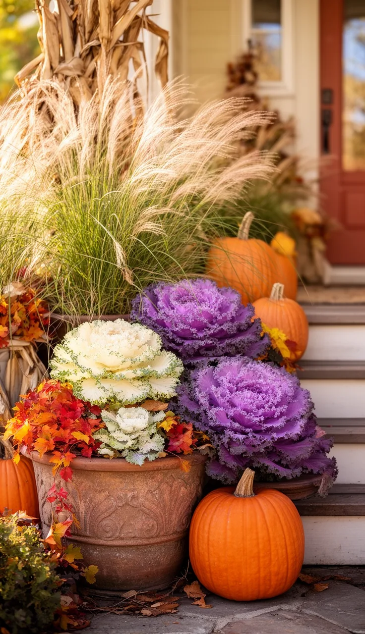 Potted ornamental grasses and flowering kale for fall