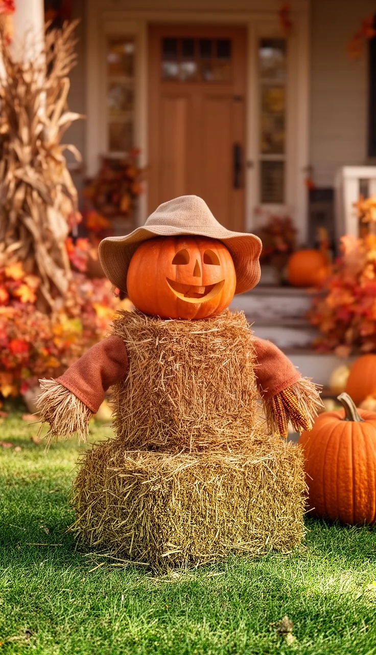 A whimsical hay bale character on the lawn