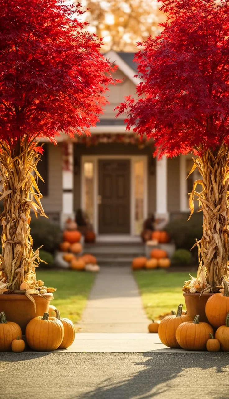 Fall container trees flanking the driveway