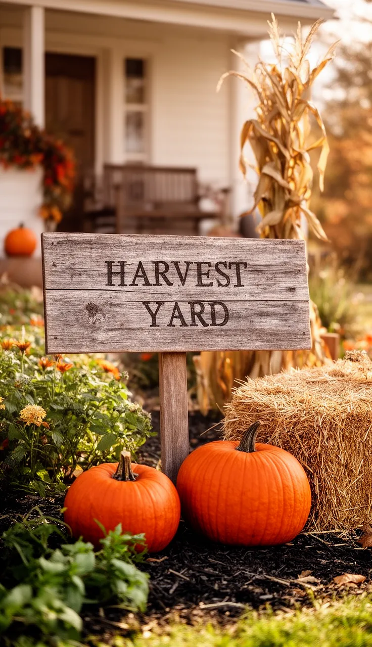 A rustic fall yard sign in the garden bed