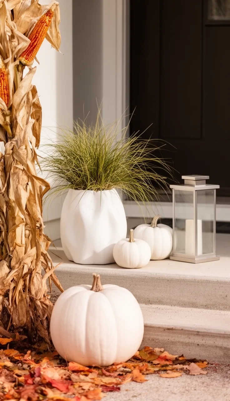A modern, minimalist fall yard on the front steps
