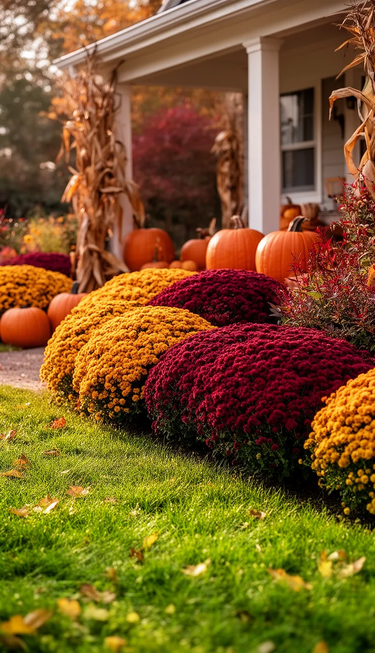 Mums massed in the flower beds for fall