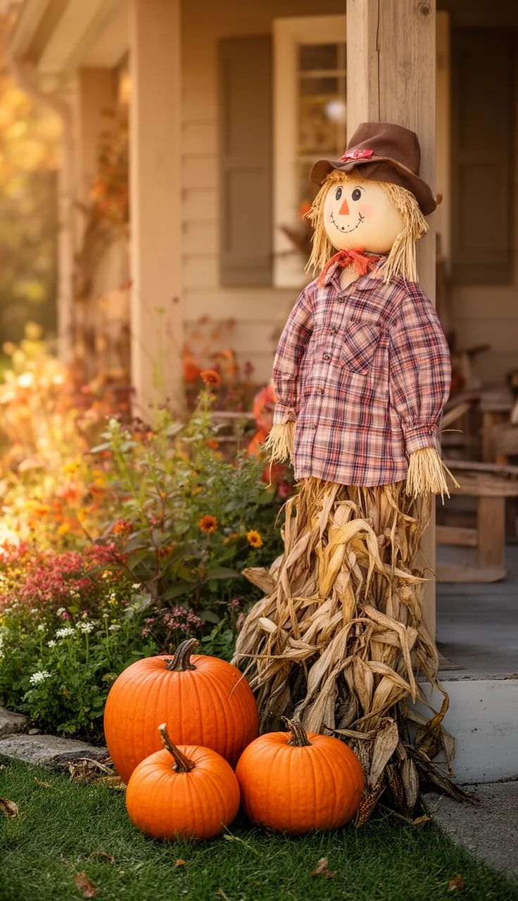 A scarecrow standing watch in a fall yard