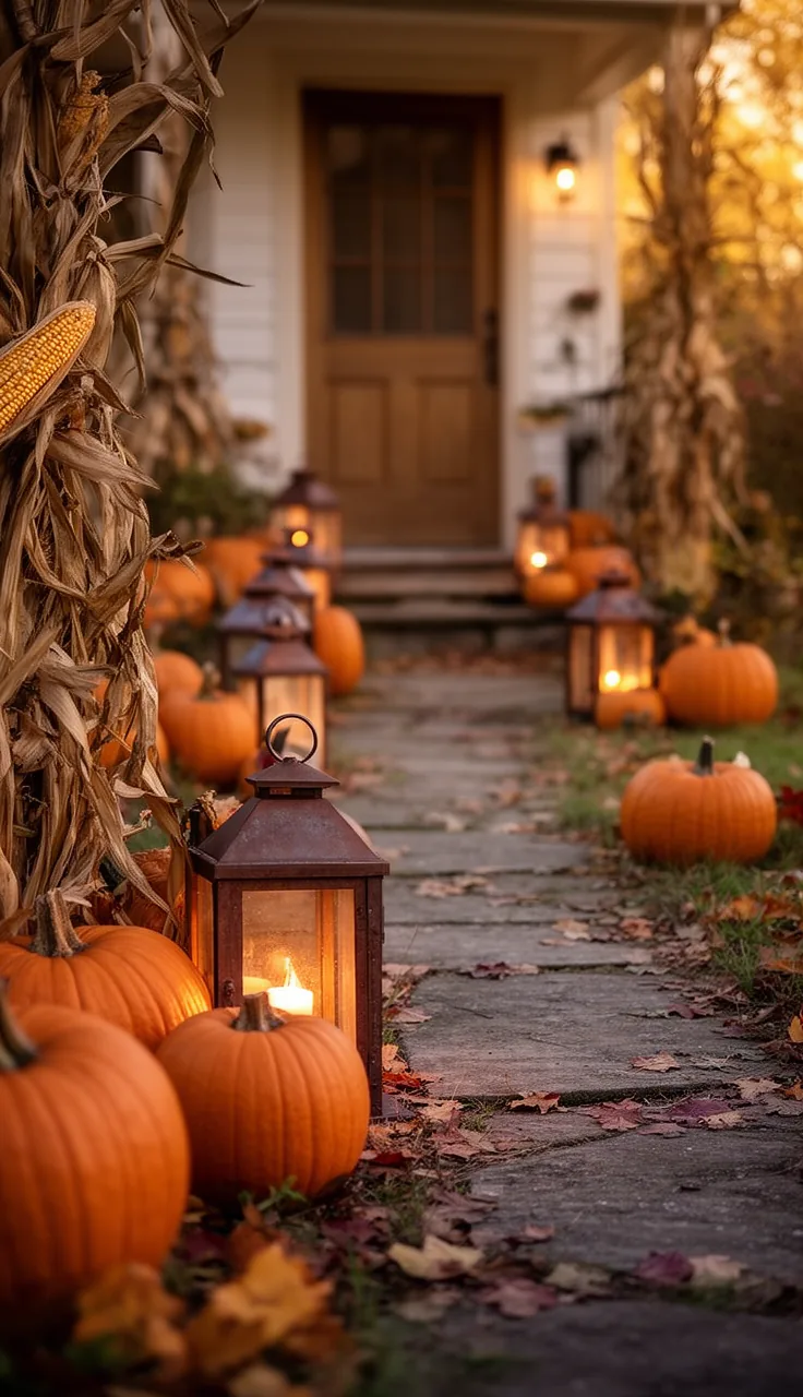 A lantern-lined front walkway for fall