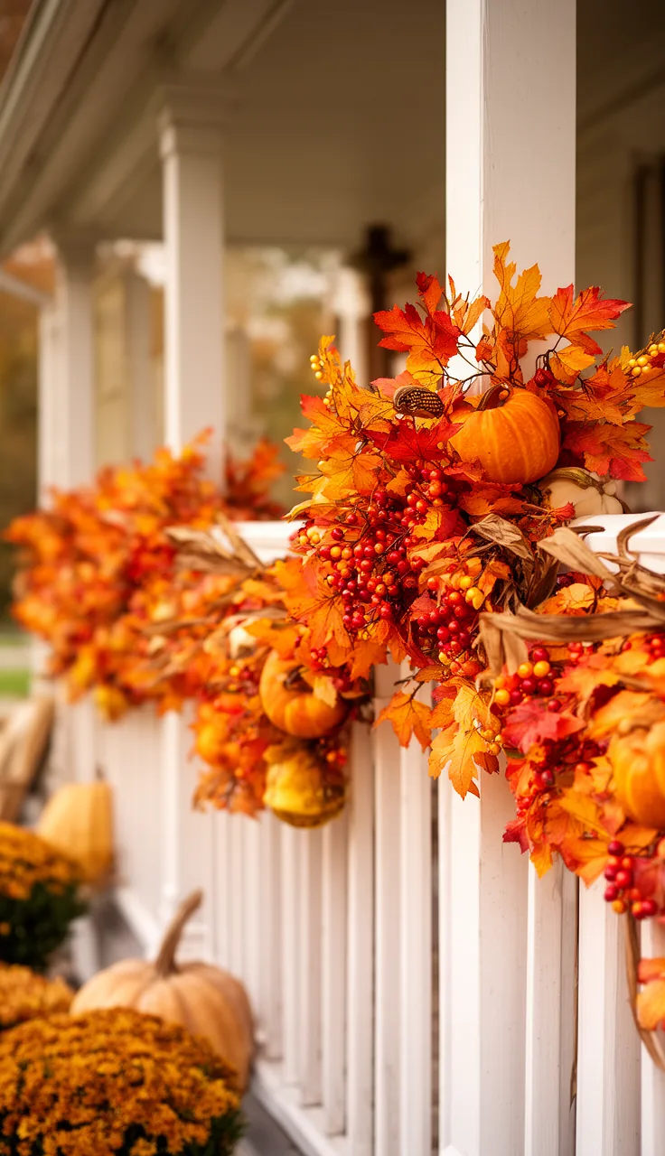 Fall garland draped along a porch railing