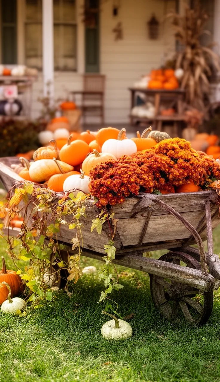 A vintage wheelbarrow harvest vignette on the lawn