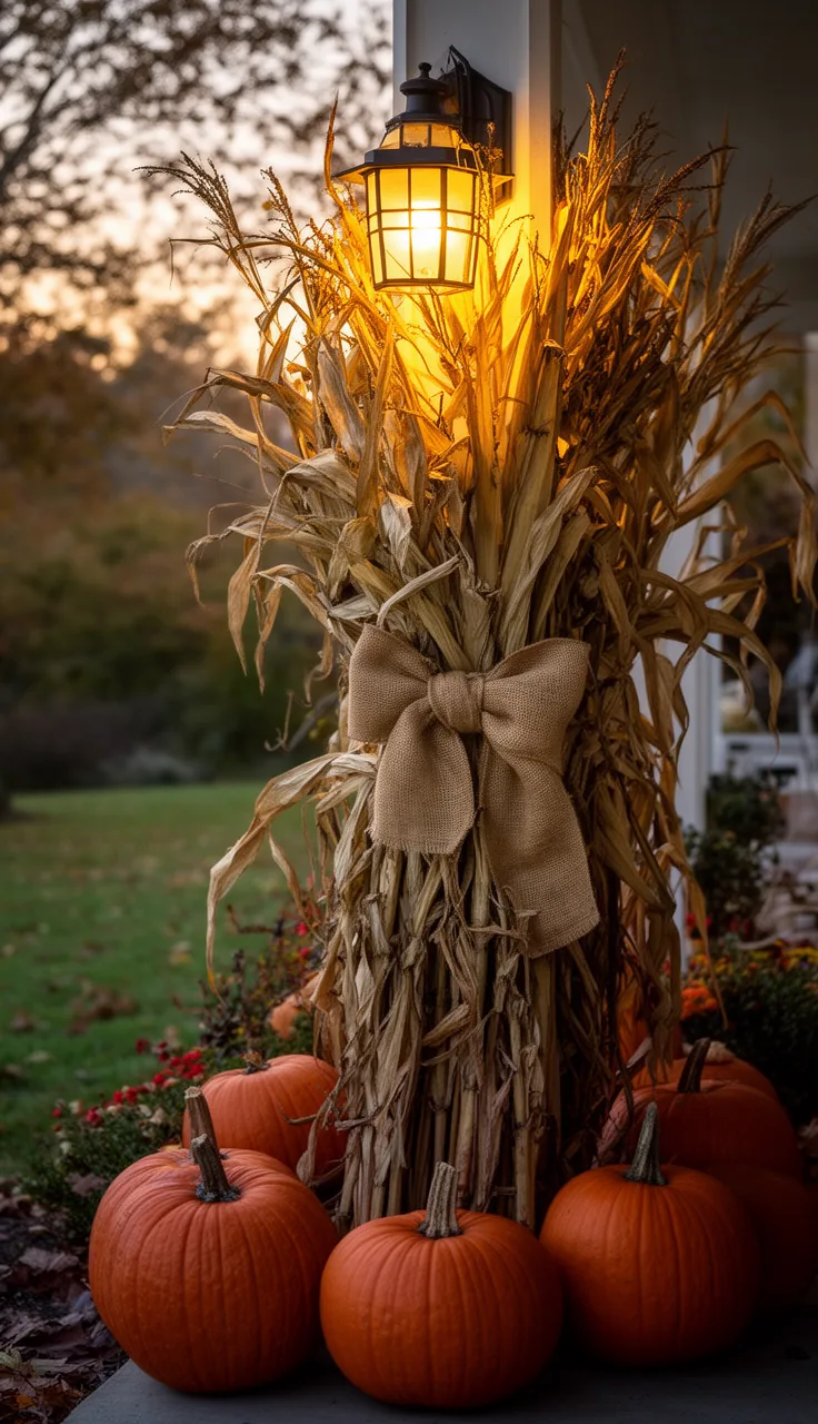 Corn stalks wrapped around a glowing lamppost