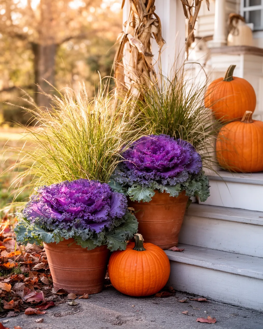 Grasses and kale planters