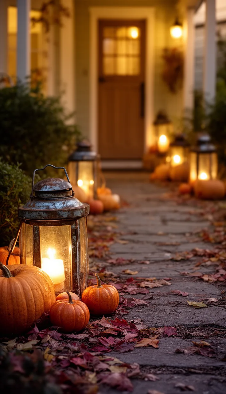 A lantern-lined front walkway for fall