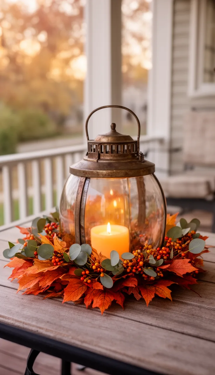 A fall lantern with a foliage and berry collar
