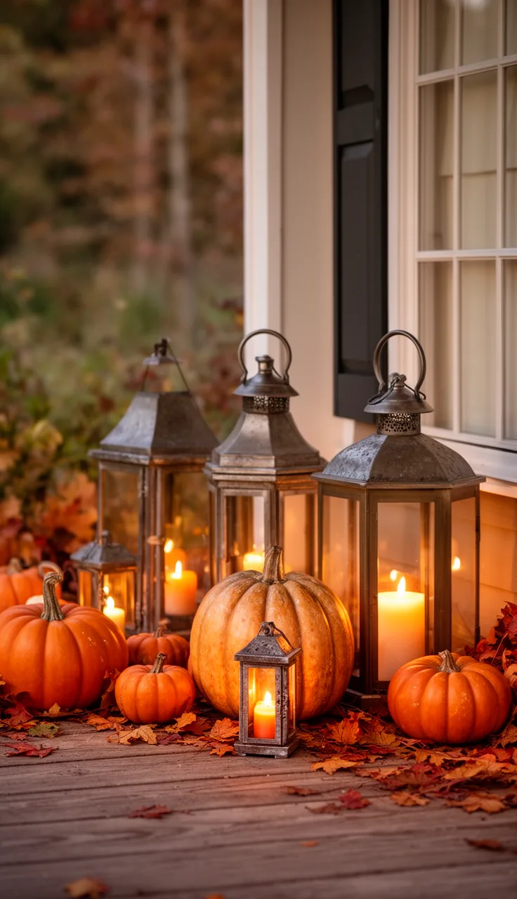 An eclectic mix of mismatched fall lanterns grouped together