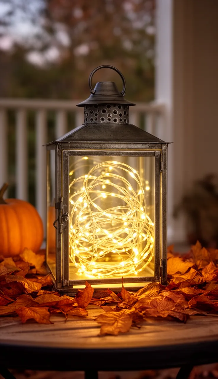 A fall lantern with fairy lights tucked inside