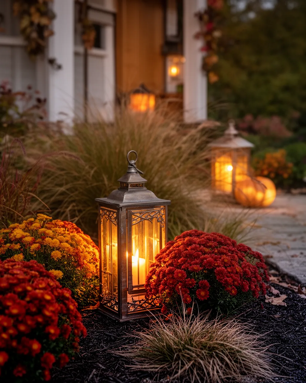 Lanterns along the garden beds