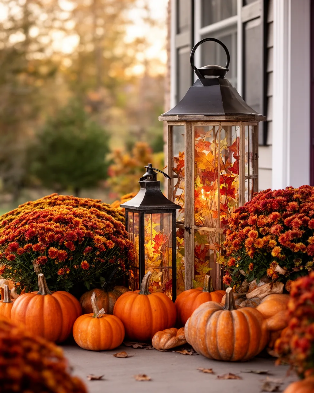 Lantern with mums and pumpkins