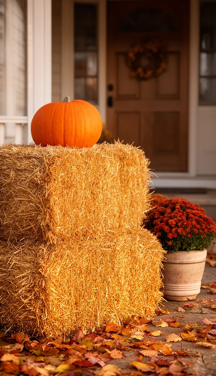 Stacked hay bales beside the front door for fall