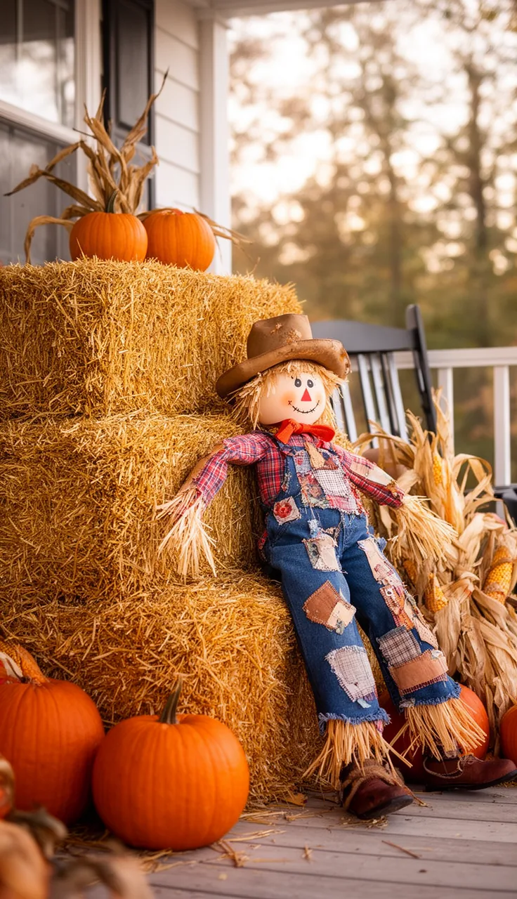 Hay bales with a friendly scarecrow