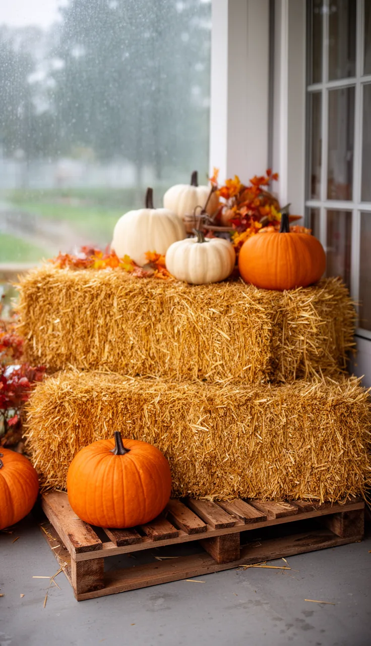 A straw bale display built to survive rain