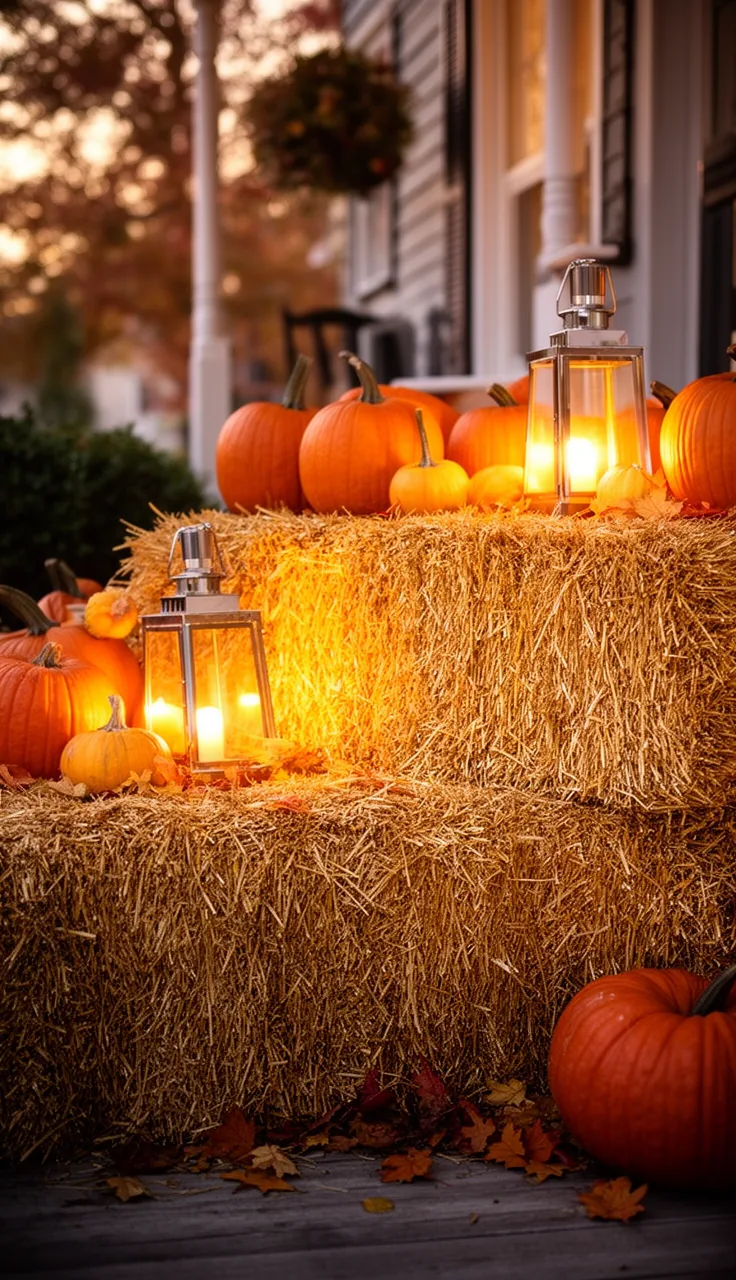 Hay bales with lanterns for evening glow