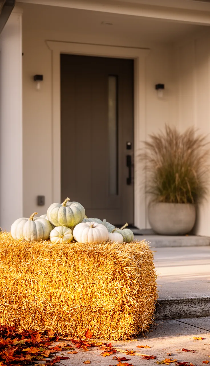 A clean modern hay bale look with white pumpkins