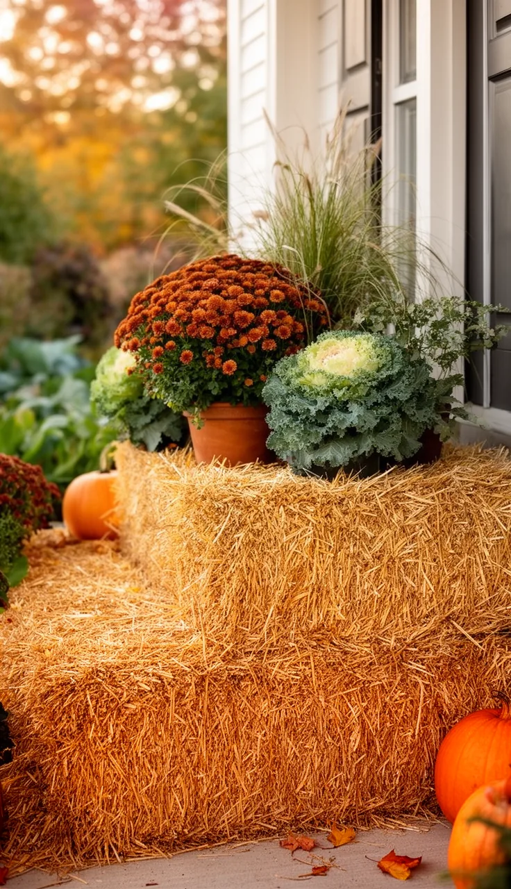 Hay bales as a riser for potted plants