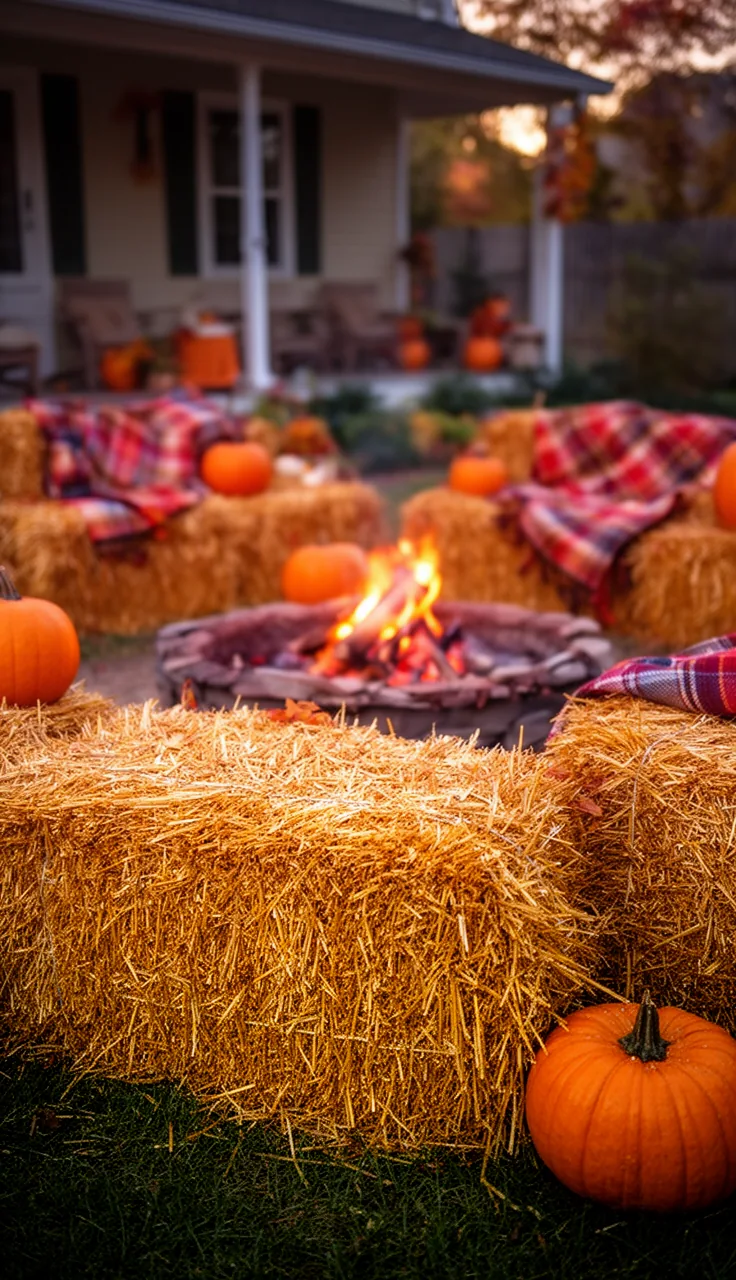 Hay bales around a backyard fire pit