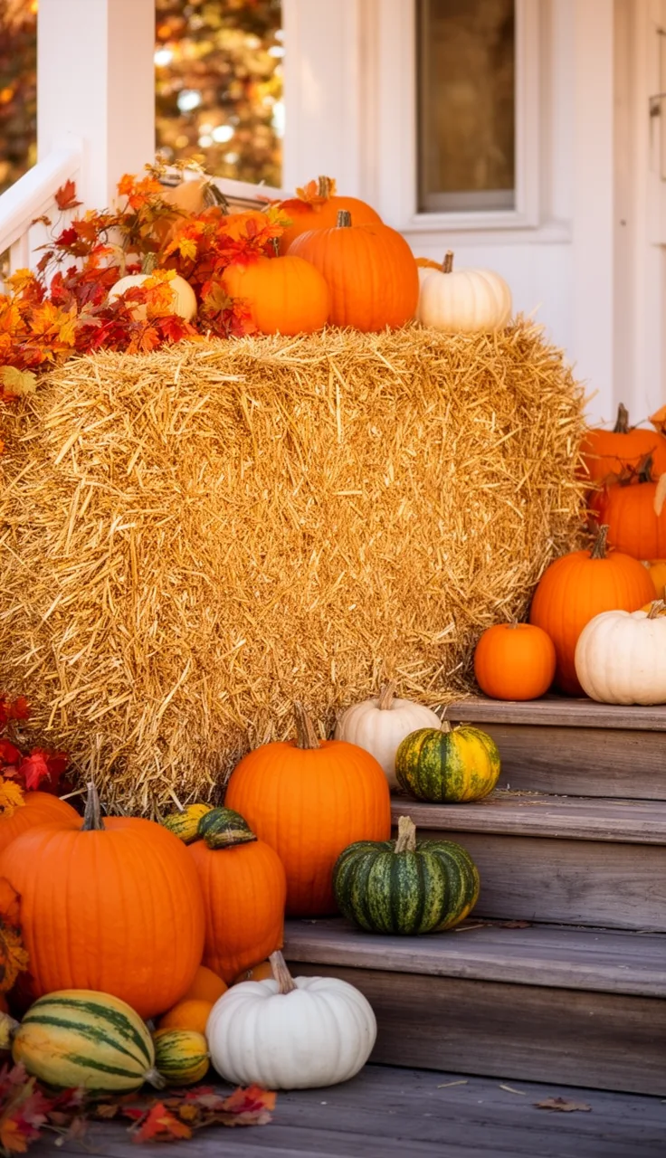 A hay bale and pumpkin front porch display
