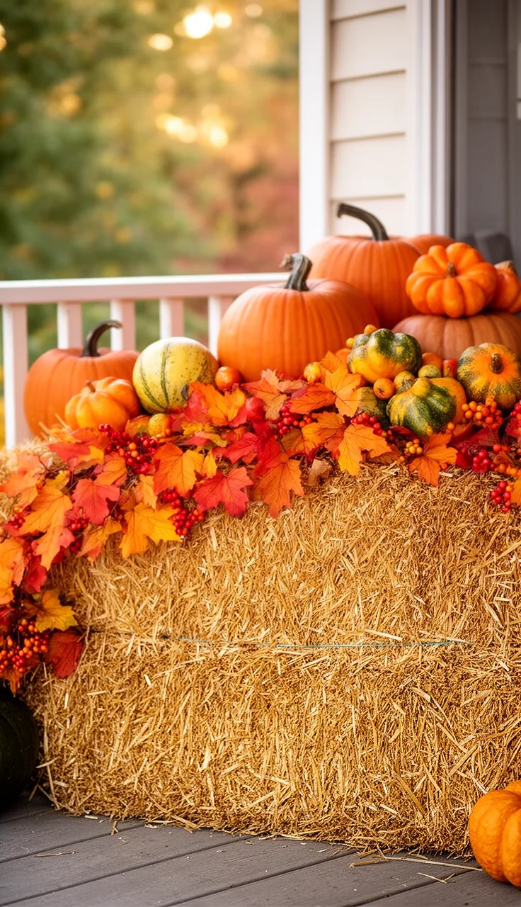 Hay bales with gourds and layered fall foliage