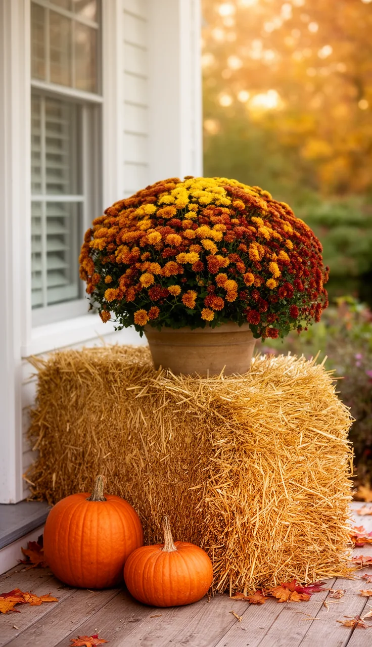 A hay bale topped with mums for fall color