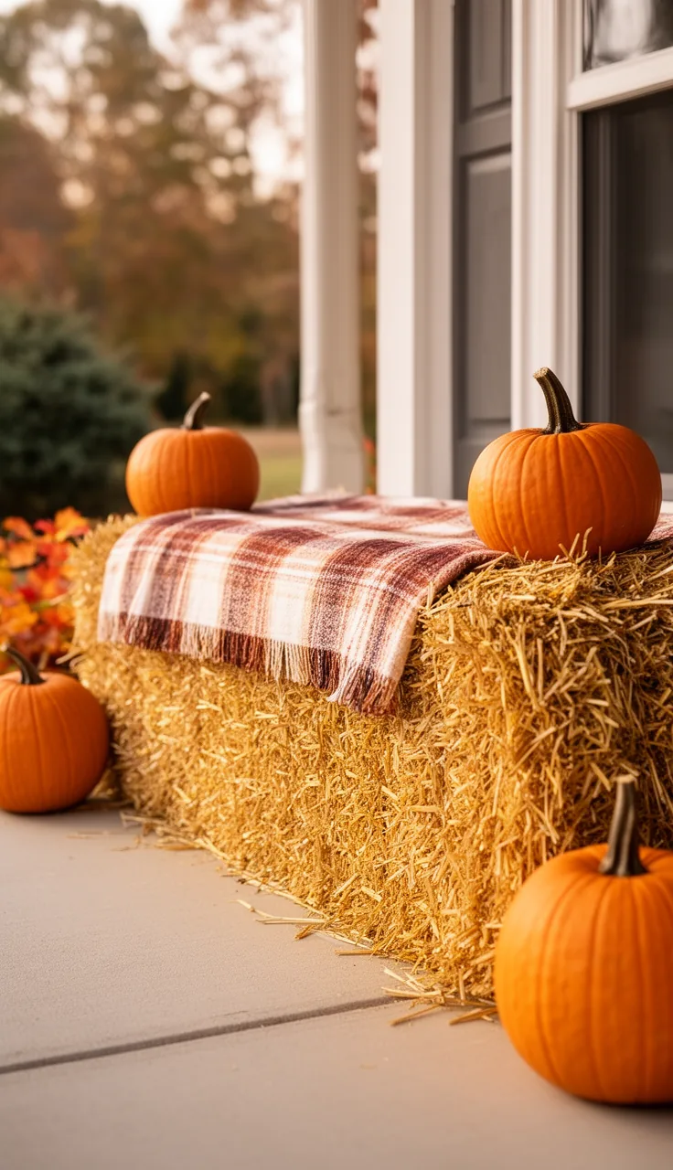 A hay bale bench with a plaid blanket for fall