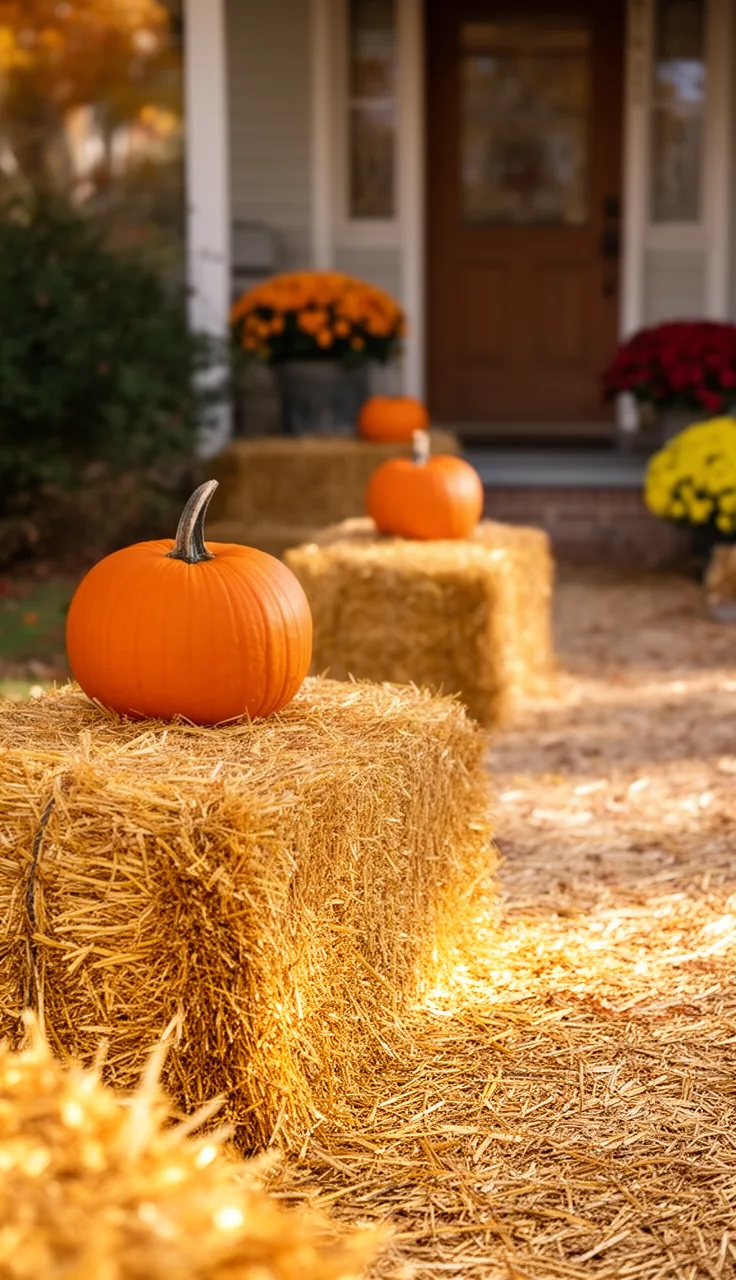 Hay bales lining the front walkway for fall