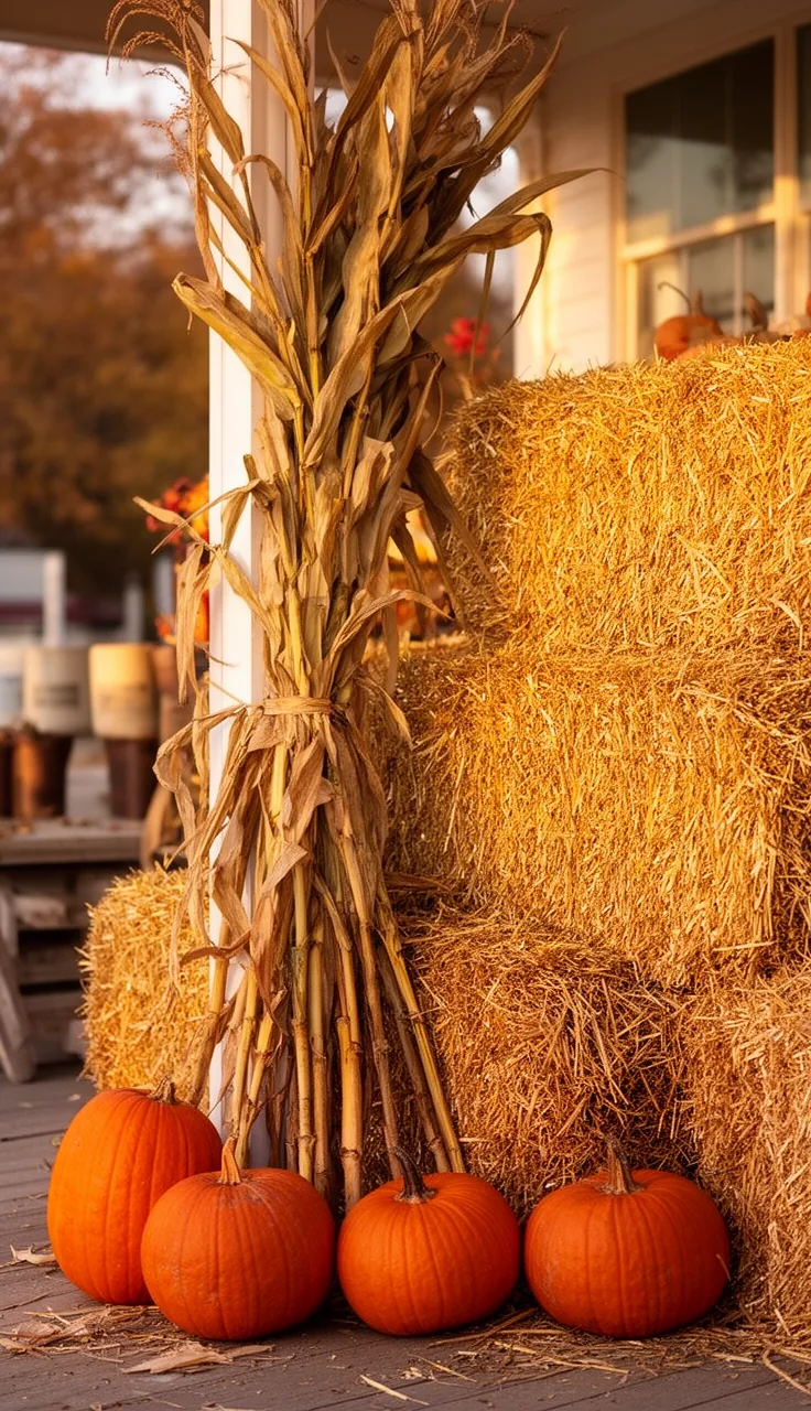 Hay bales with corn stalks for farmstand height