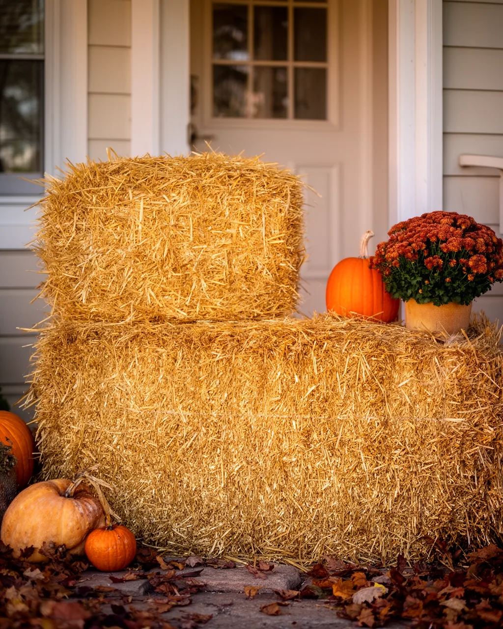 Stacked hay bales by the door