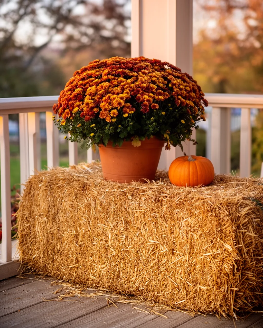 Hay bale topped with mums