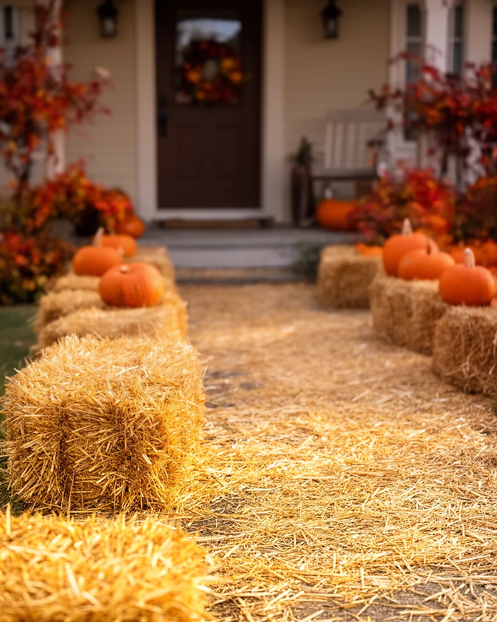 Hay bales lining the walkway