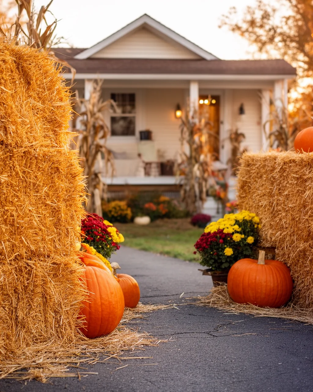 Hay bales framing the driveway