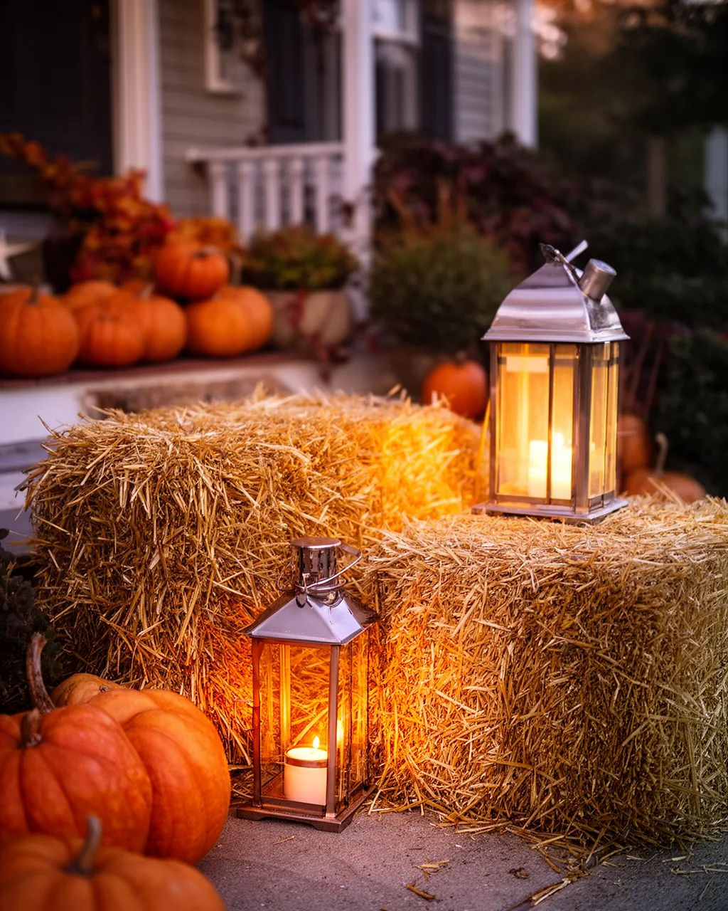 Hay bales with lanterns