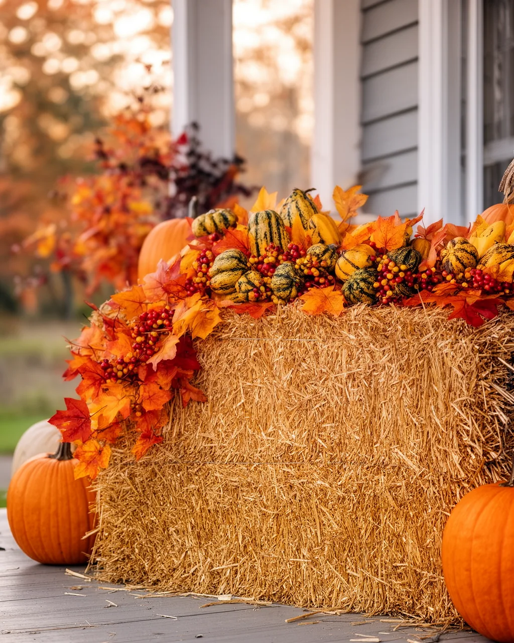 Hay bale with gourds and foliage