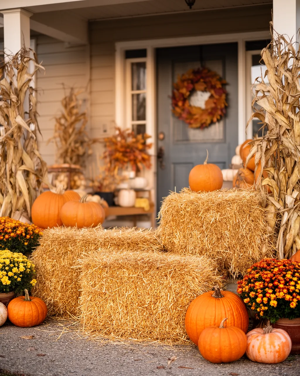 Whole hay bale display together