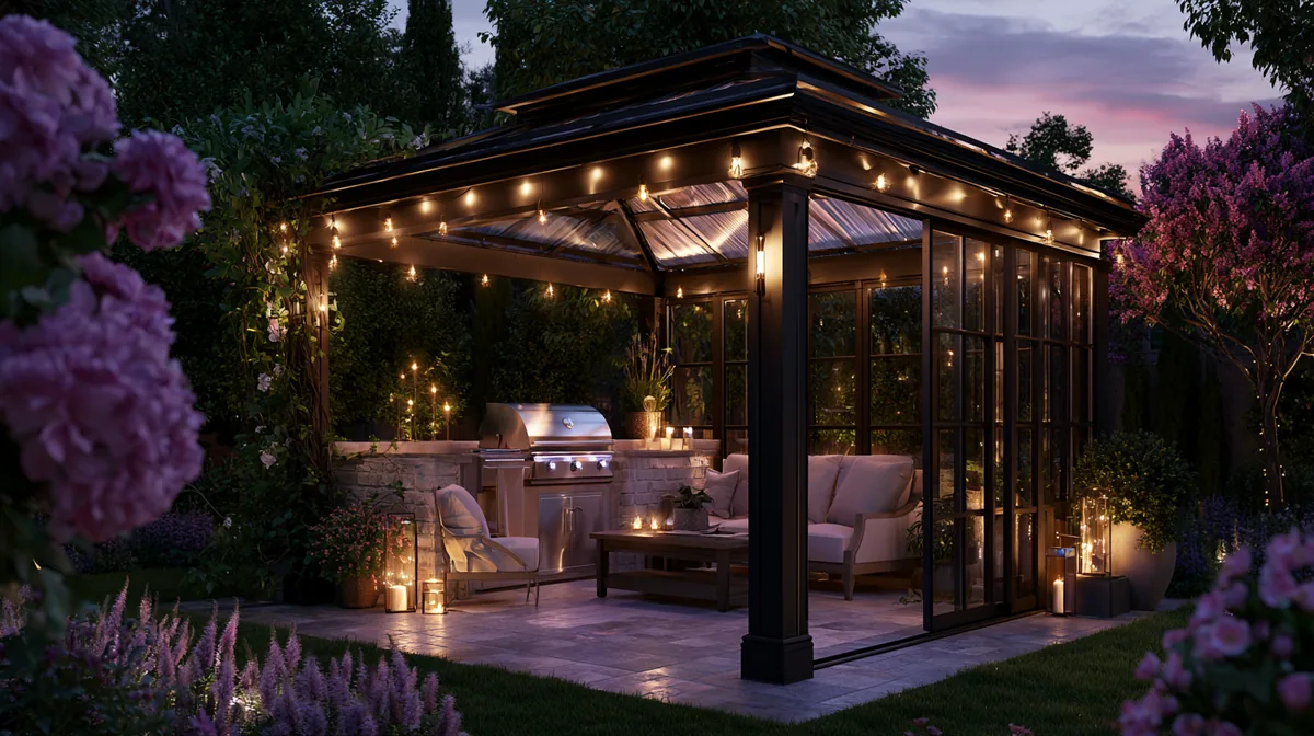 All-season pergola with a compact outdoor kitchen on a small patio, photo 1 of 4
