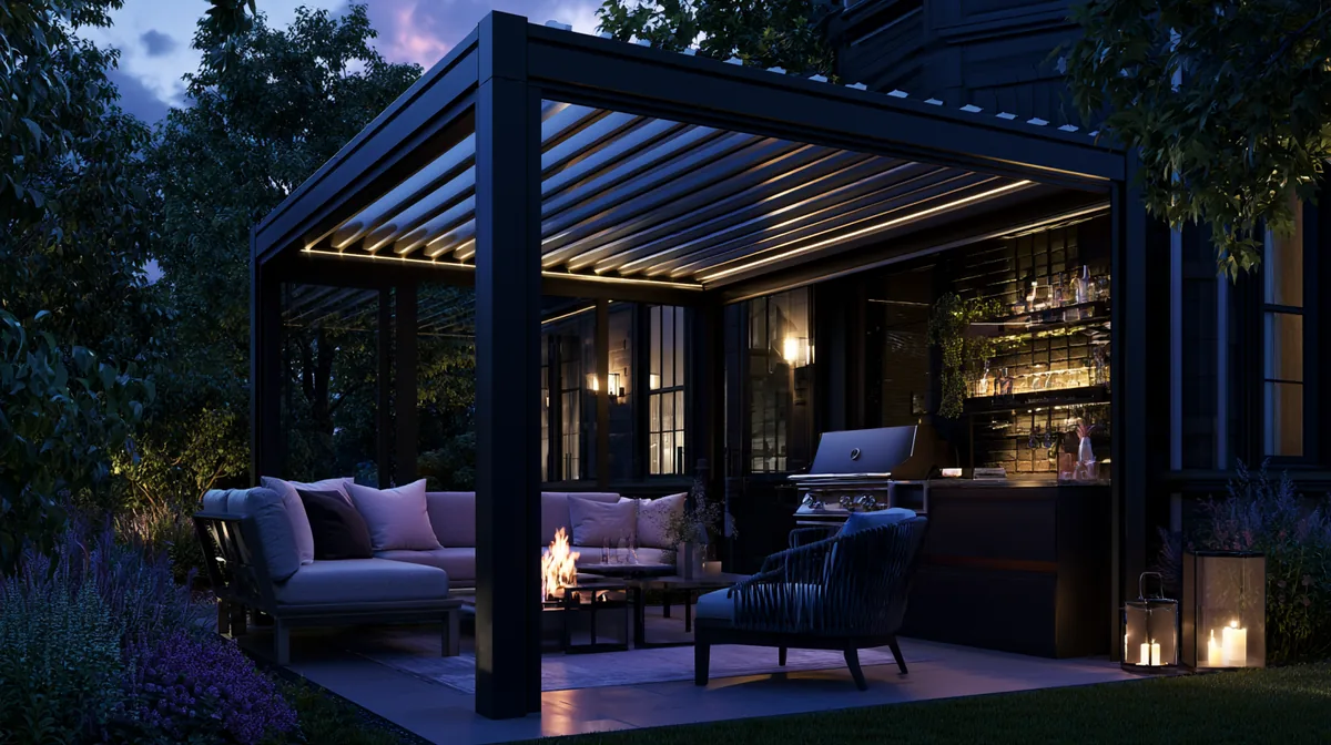 All-season pergola with a compact outdoor kitchen on a small patio, photo 2 of 4