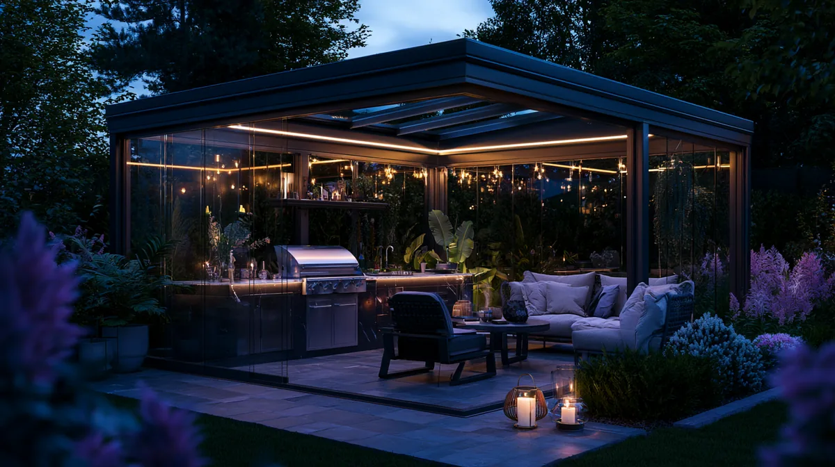 All-season pergola with a compact outdoor kitchen on a small patio, photo 3 of 4