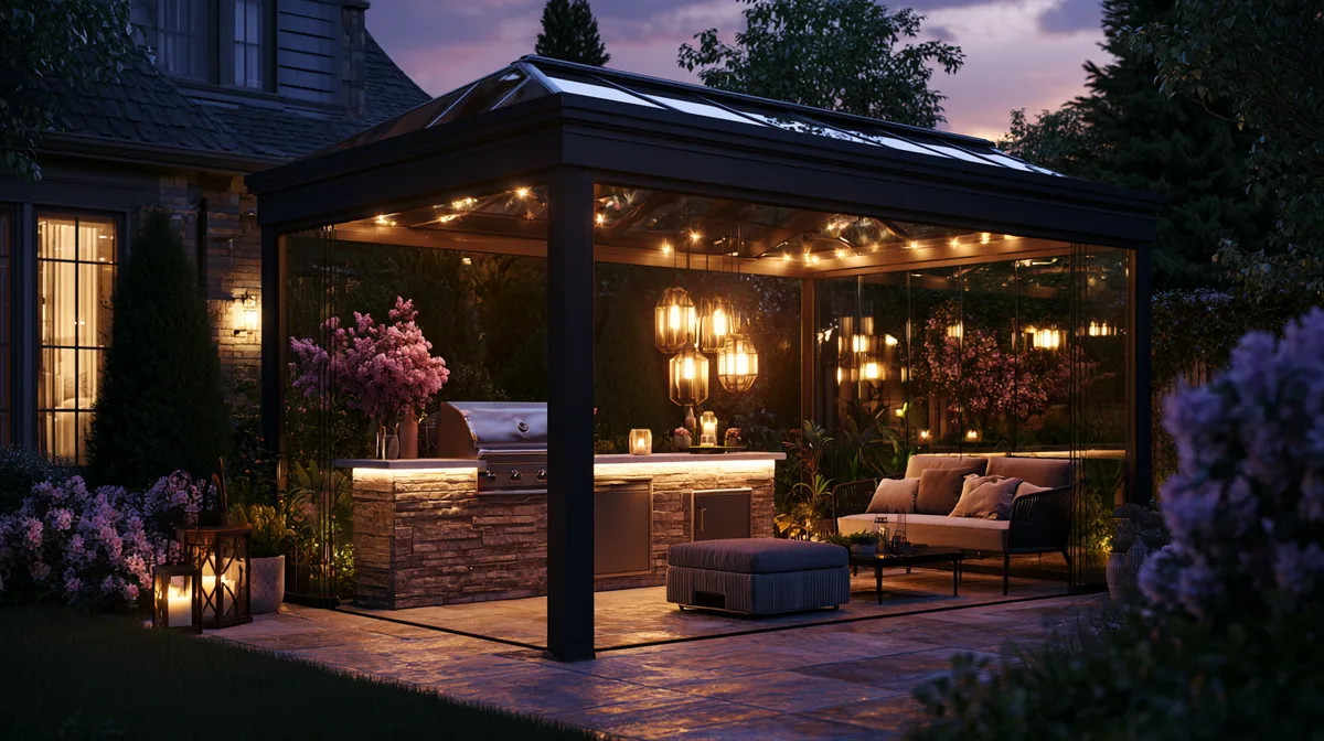 All-season pergola with a compact outdoor kitchen on a small patio, photo 4 of 4