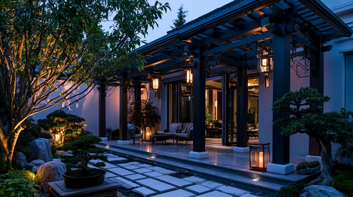 Asian-inspired pergola with clean dark wood beams over a stone patio, photo 1 of 3