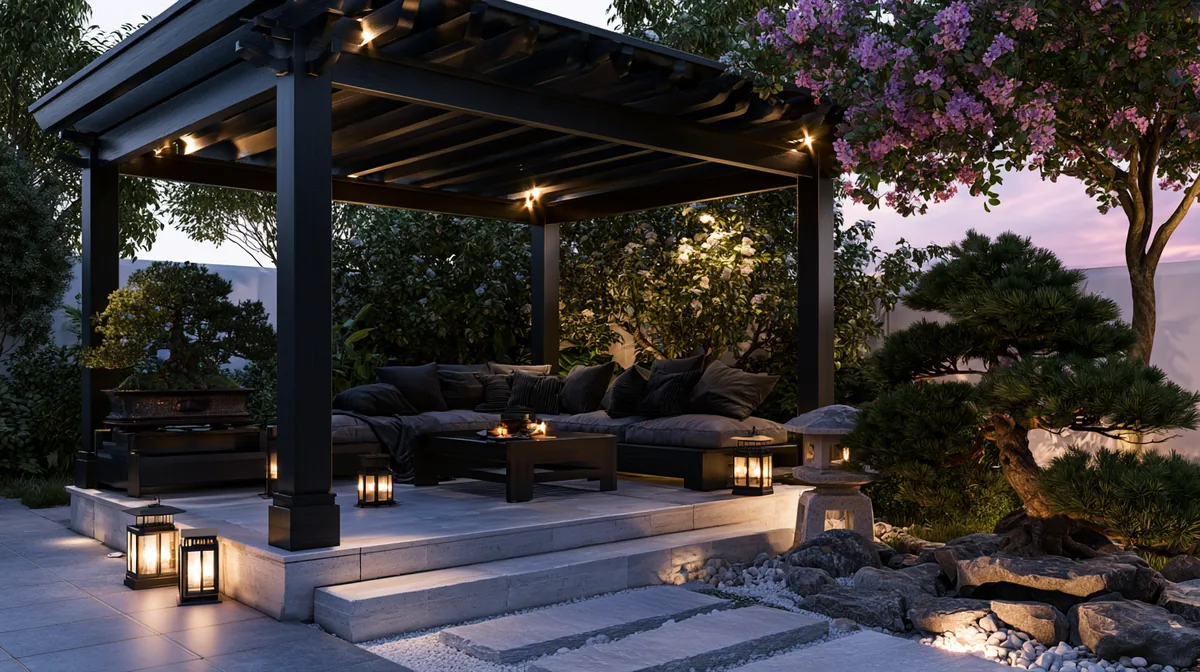 Asian-inspired pergola with clean dark wood beams over a stone patio, photo 2 of 3