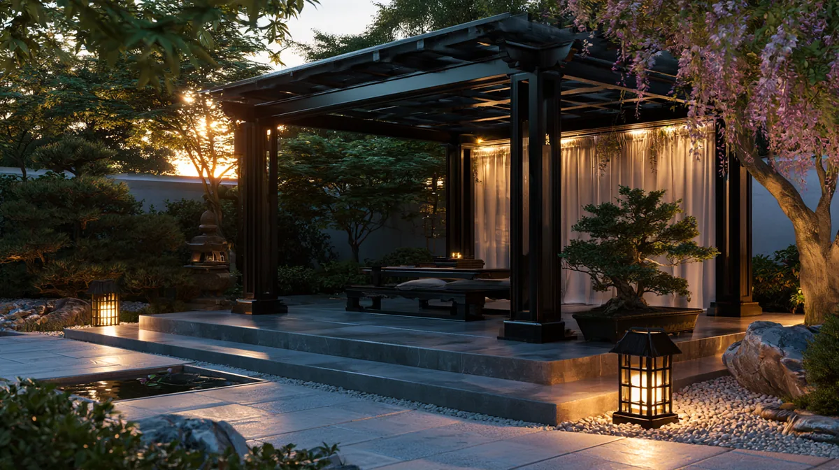 Asian-inspired pergola with clean dark wood beams over a stone patio, photo 3 of 3